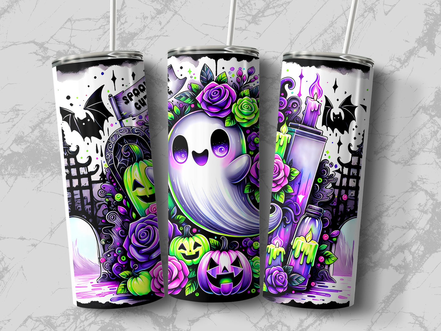 Three tumblers featuring a spooky ghost, pumpkins, bats and flowers.
