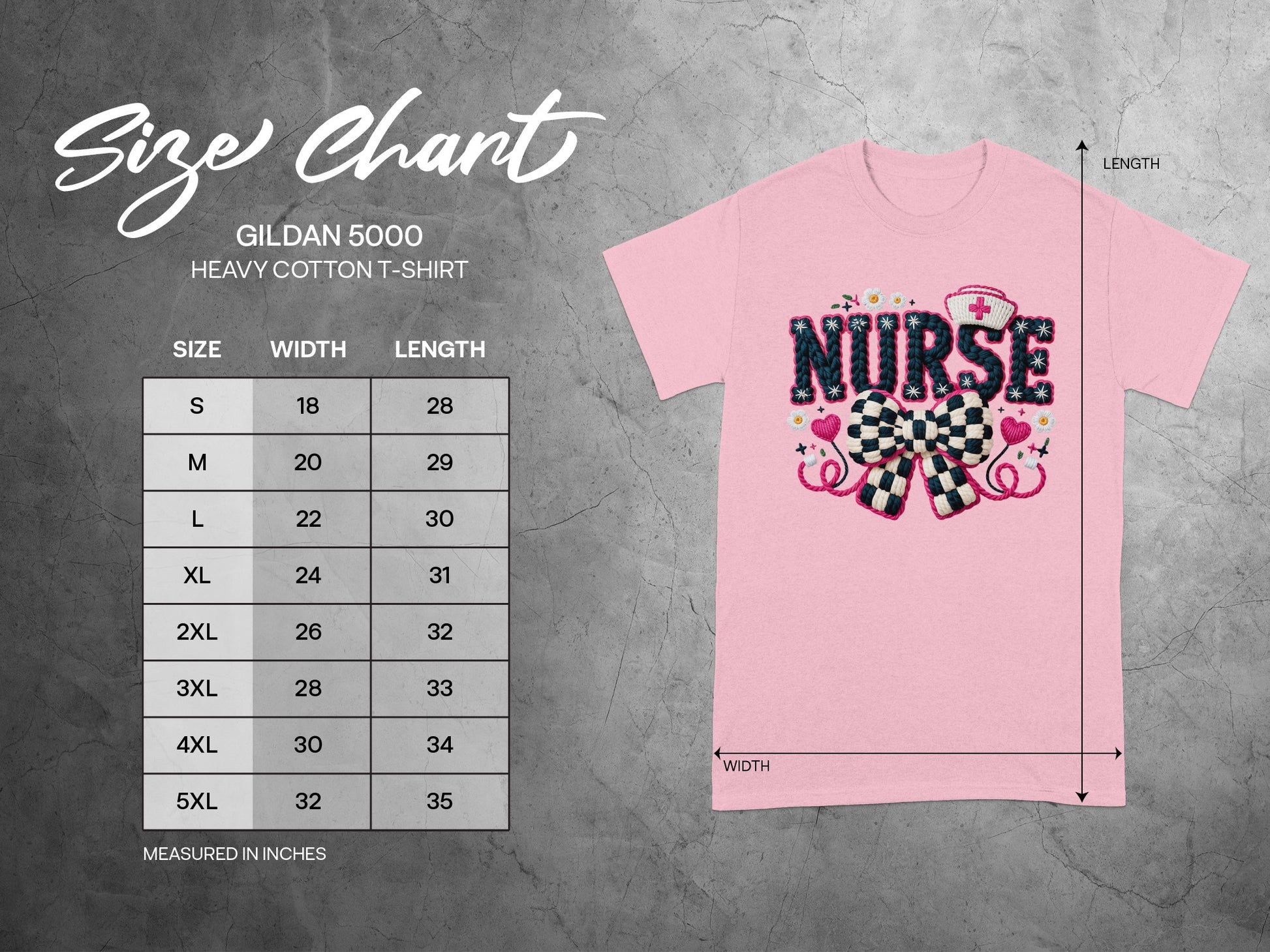 Gildan 5000 Heavy Cotton T-shirt size chart with width and length measurements.