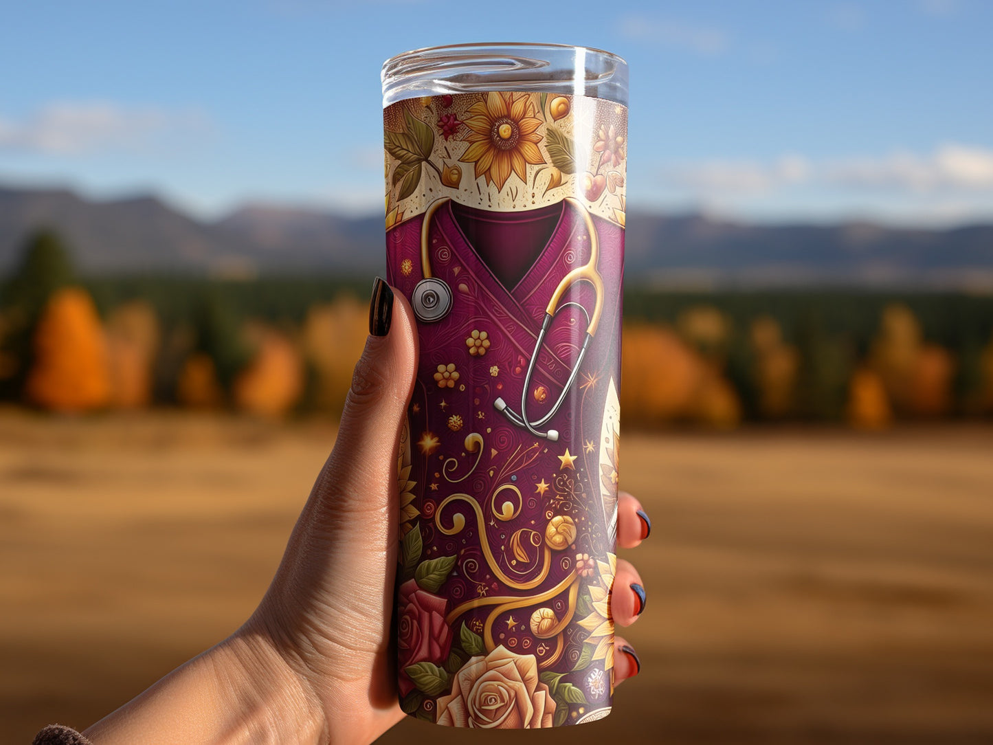 Purple tumbler with floral and stethoscope design held by a hand.