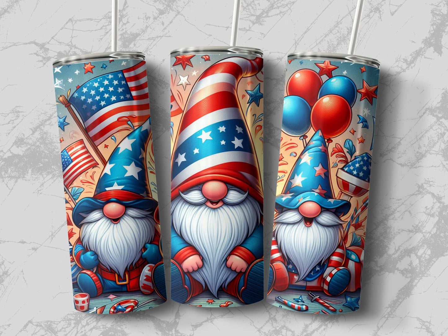 Three gnomes in patriotic hats and clothing with flags and balloons.