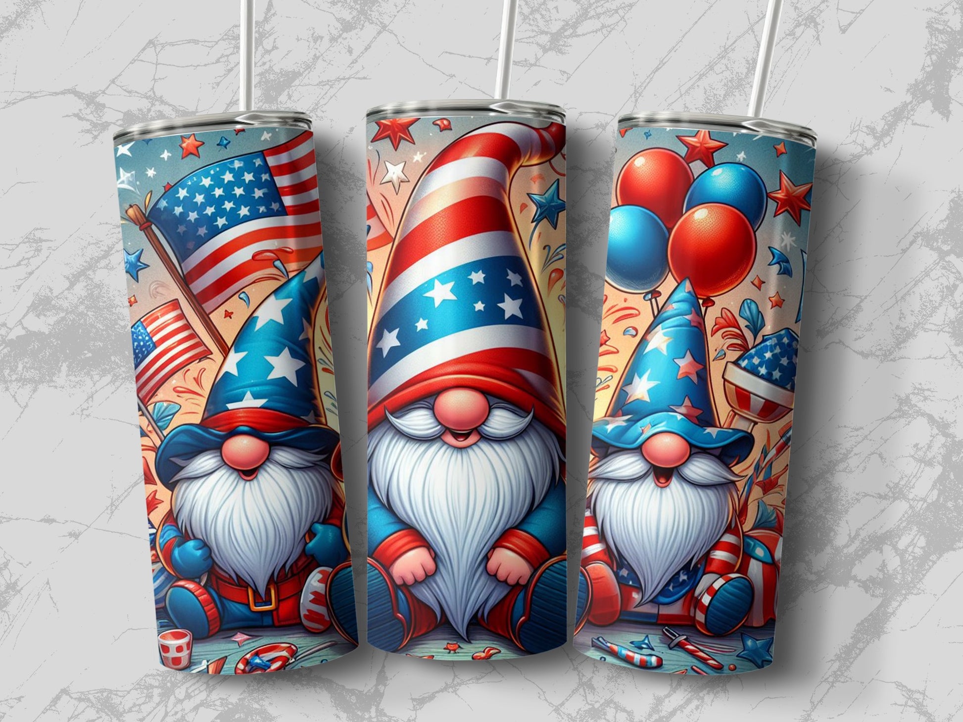 Three gnomes in patriotic hats and clothing with flags and balloons.