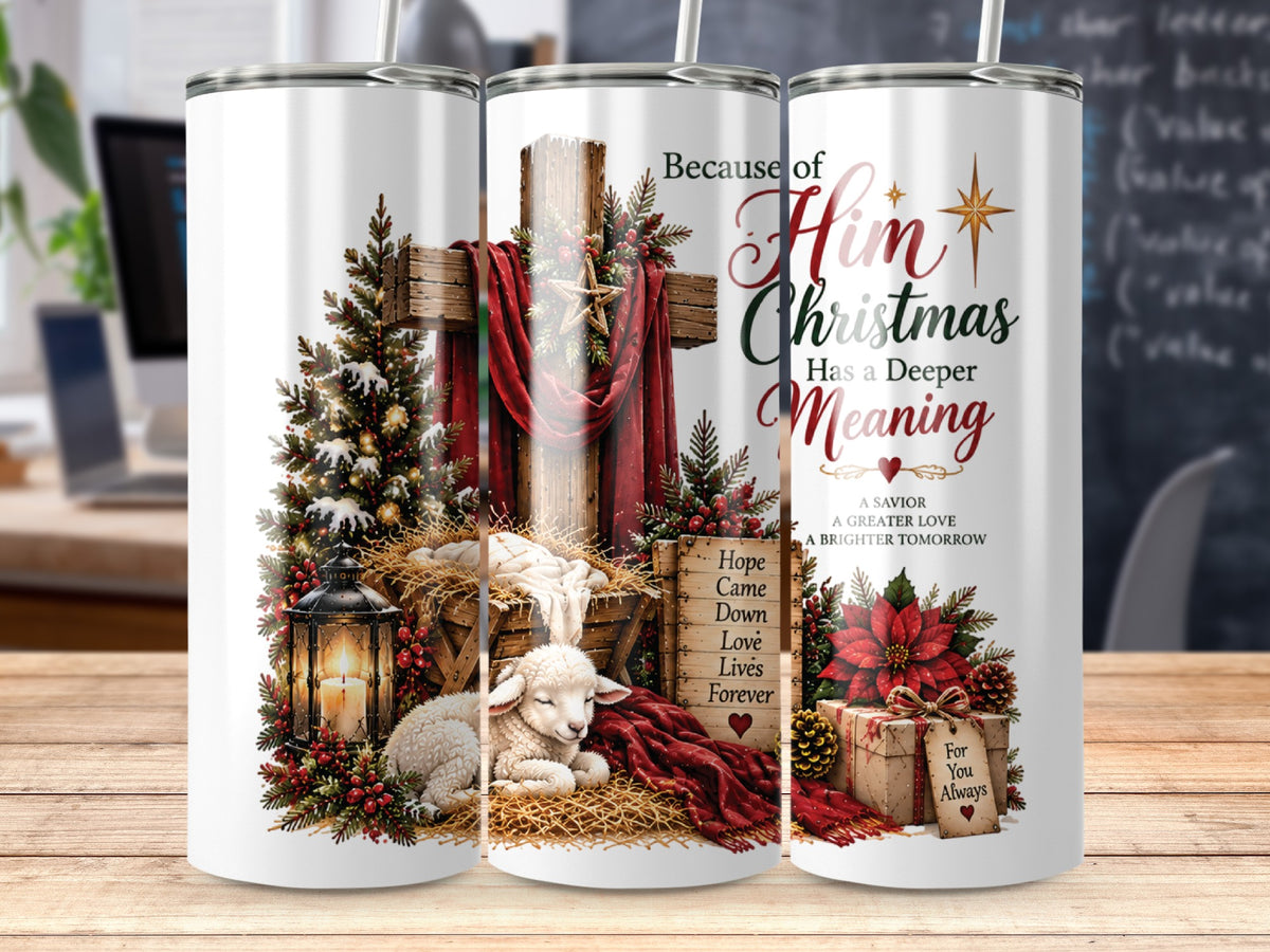 Three tall white tumblers display Christian Christmas artwork with a manger, cross, lamb, lantern, and text.