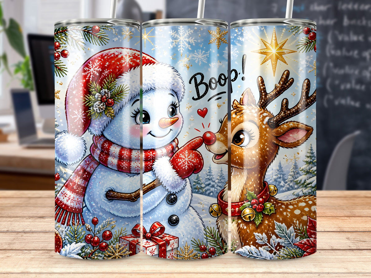 Three views of a stainless steel tumbler featuring a snowman touching a reindeer's nose under falling snow.