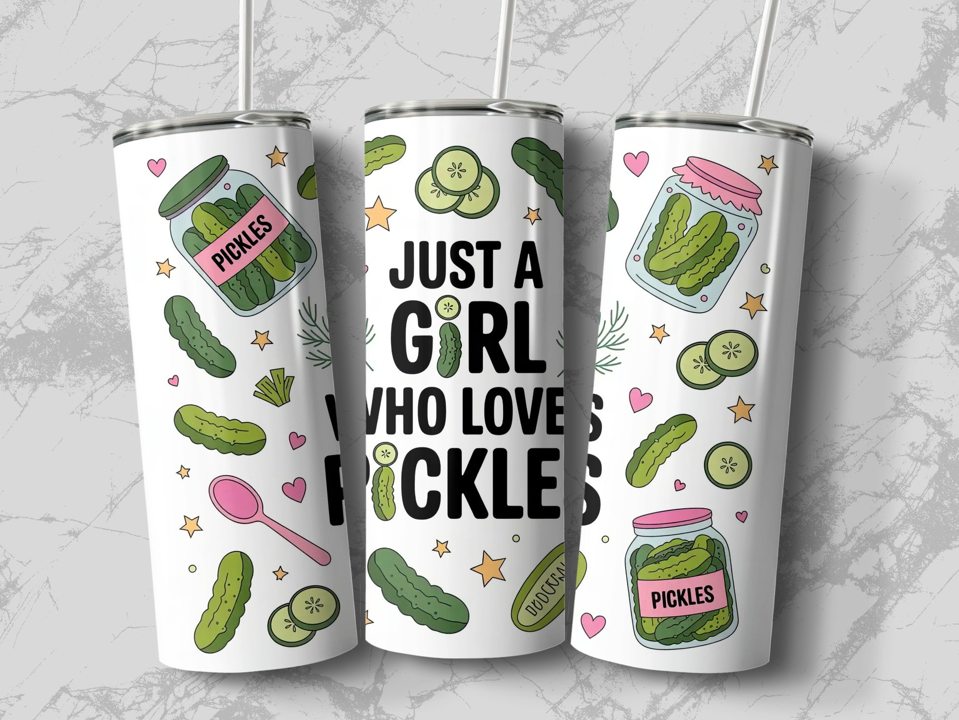 Three tumblers with pickle designs and "Just a girl who loves pickles" text.