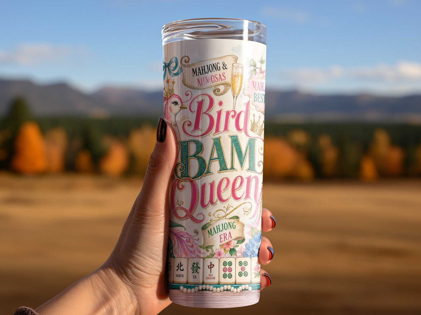 Tumbler with "Bird Bam Queen Mahjong Era" text and mahjong tiles.