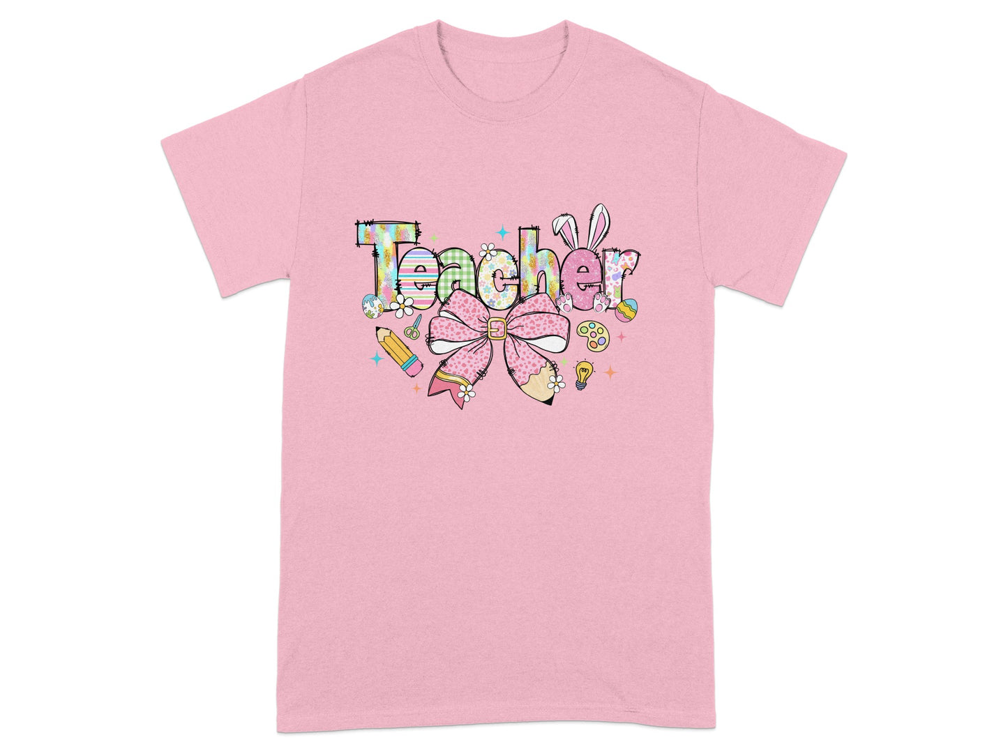 Cute Teacher Design Pink Tee with Bow and Pencil Graphics