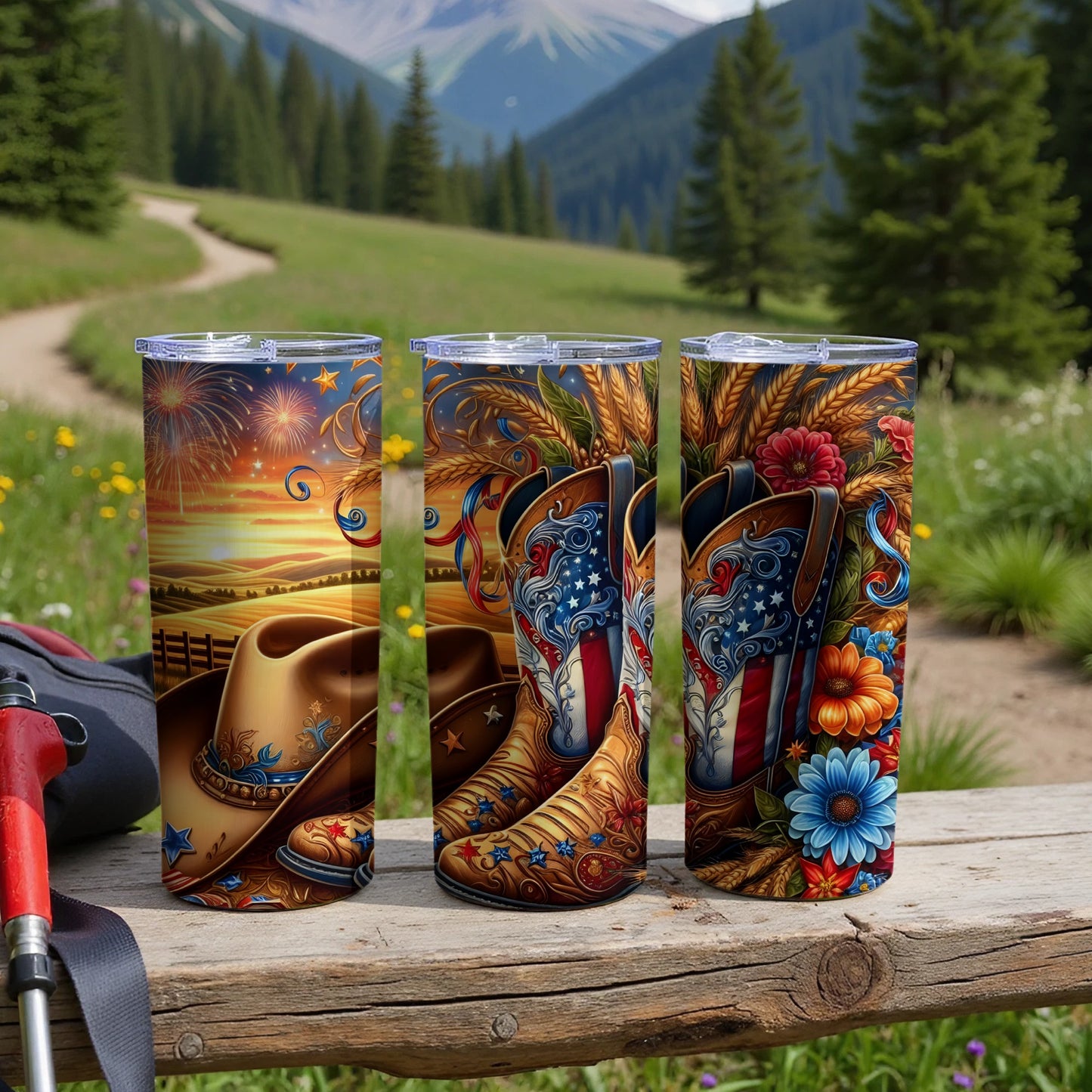 Three country-themed tumblers featuring cowboy hats, boots, and fireworks.