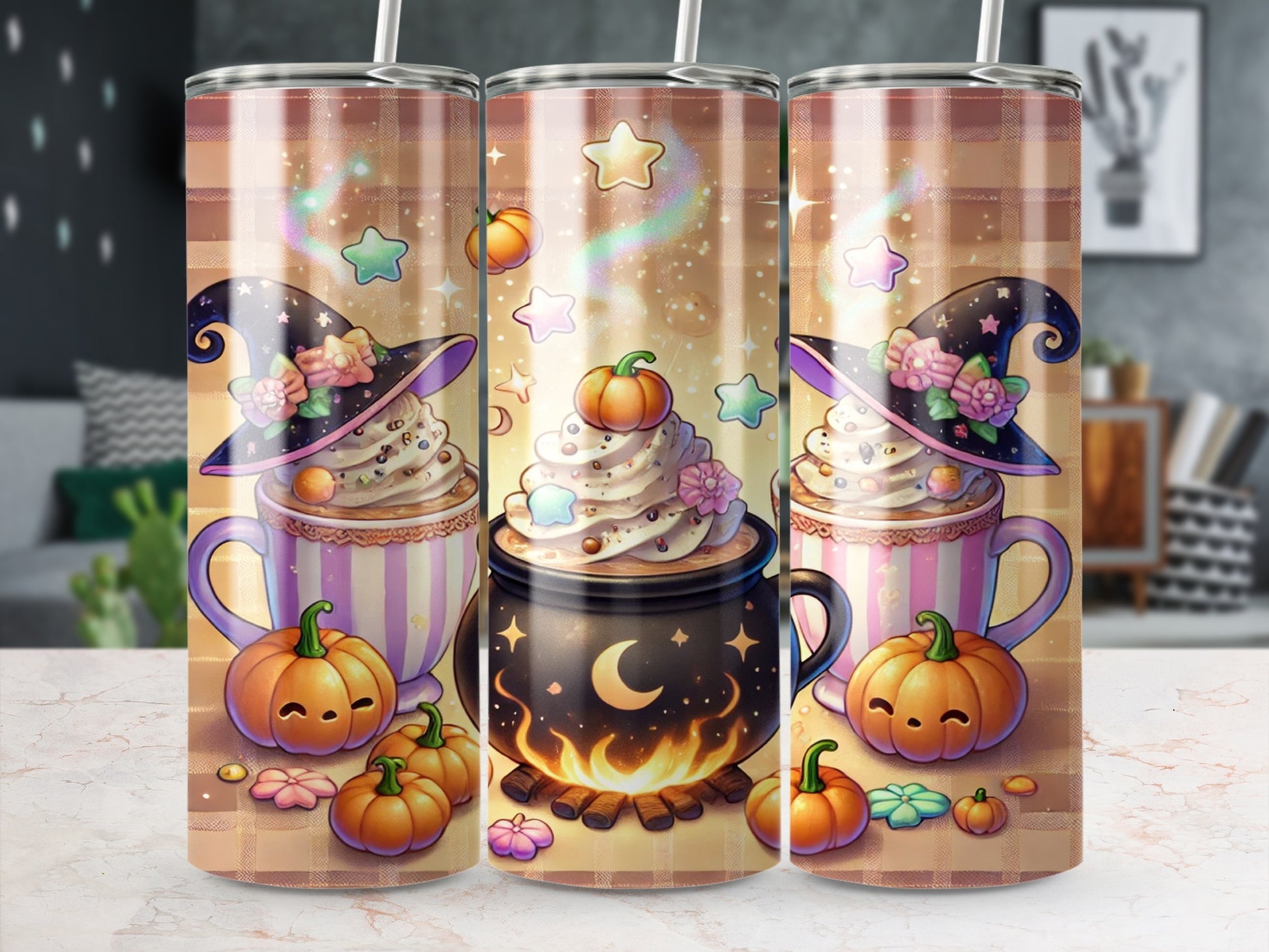 Halloween themed cups with cute pumpkins, witch hats, and magical starry swirls.