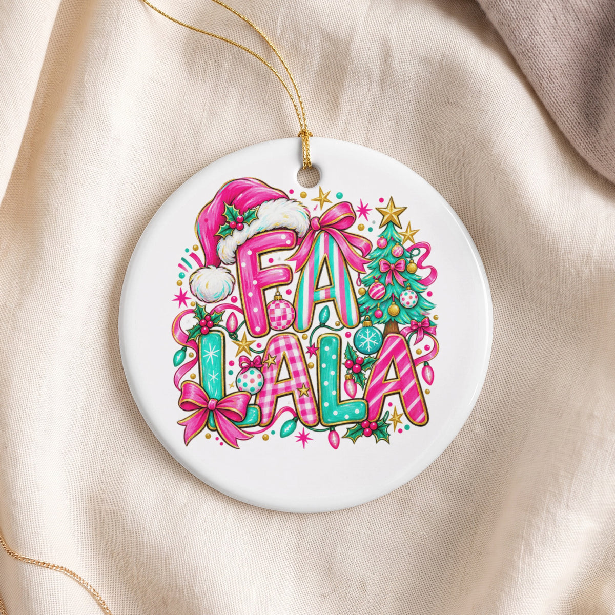 Round ornament with "FA LA LA" text, Santa hat, Christmas tree, and festive accents.
