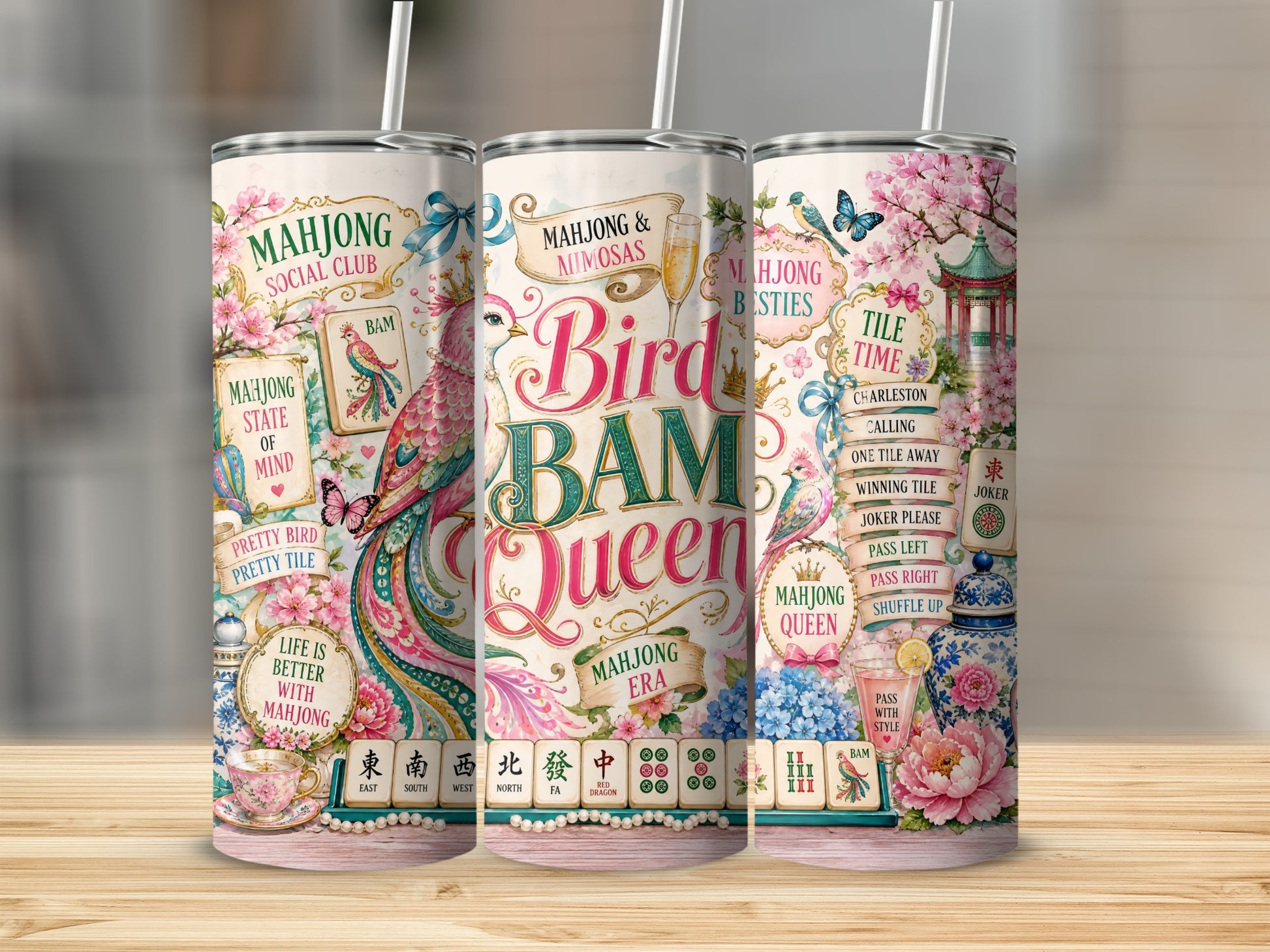 Mahjong themed tumblers with birds, flowers, and text like "Bird Bam Queen".