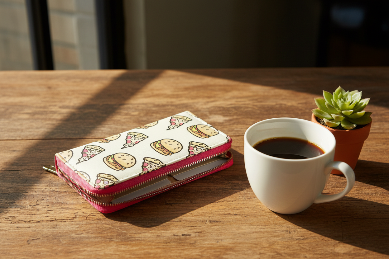 Fun Food Zip Around Wallet styled on a rustic wooden table with coffee cup and succulent