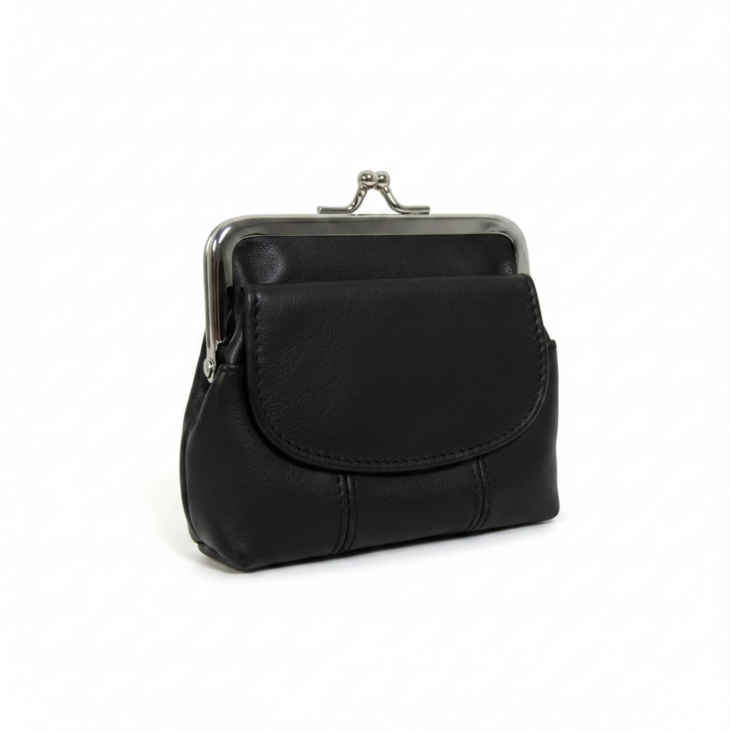 Black lambskin leather kisslock coin purse with chrome frame on white background