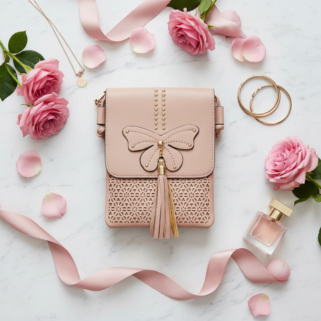 Blush pink boho butterfly crossbody bag flat lay with roses