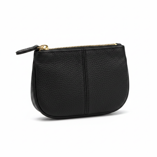 Black genuine cowhide leather coin purse with gold zipper on white background