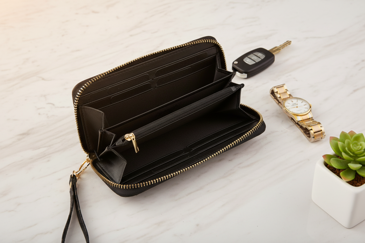 Black Signature Single Zip Wallet styled on marble surface with gold watch and accessories