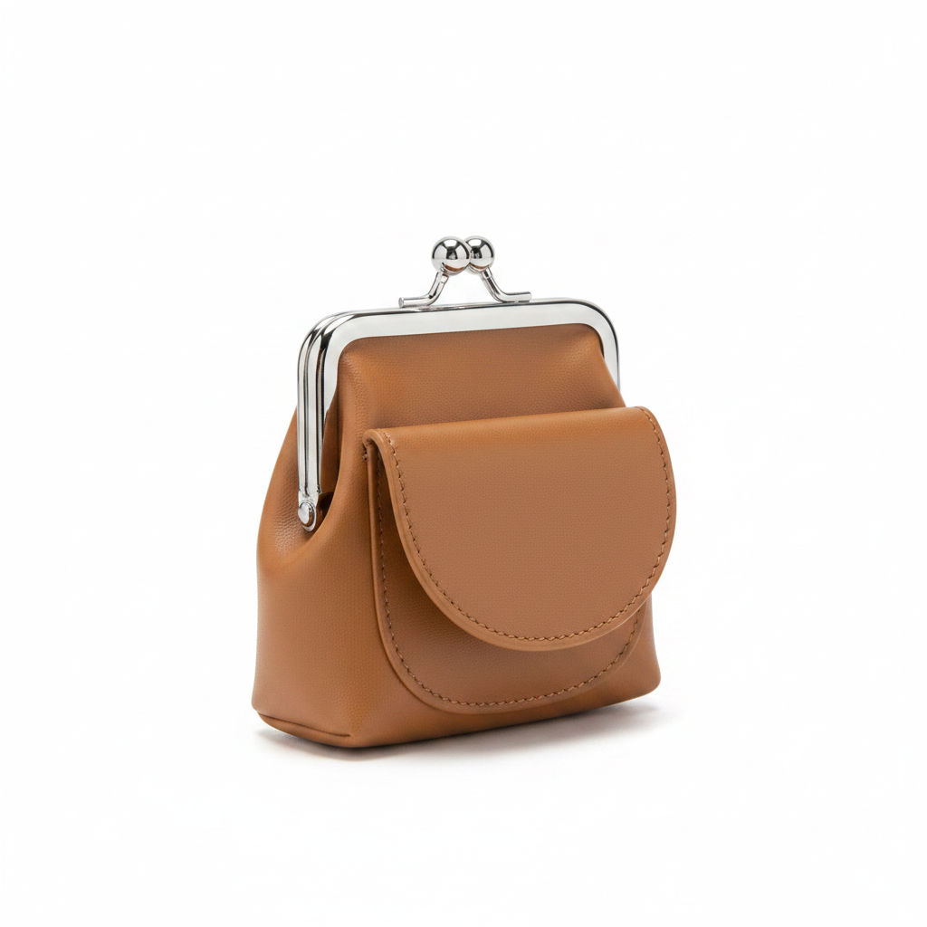 Light brown lambskin leather kisslock coin purse with chrome frame on white background