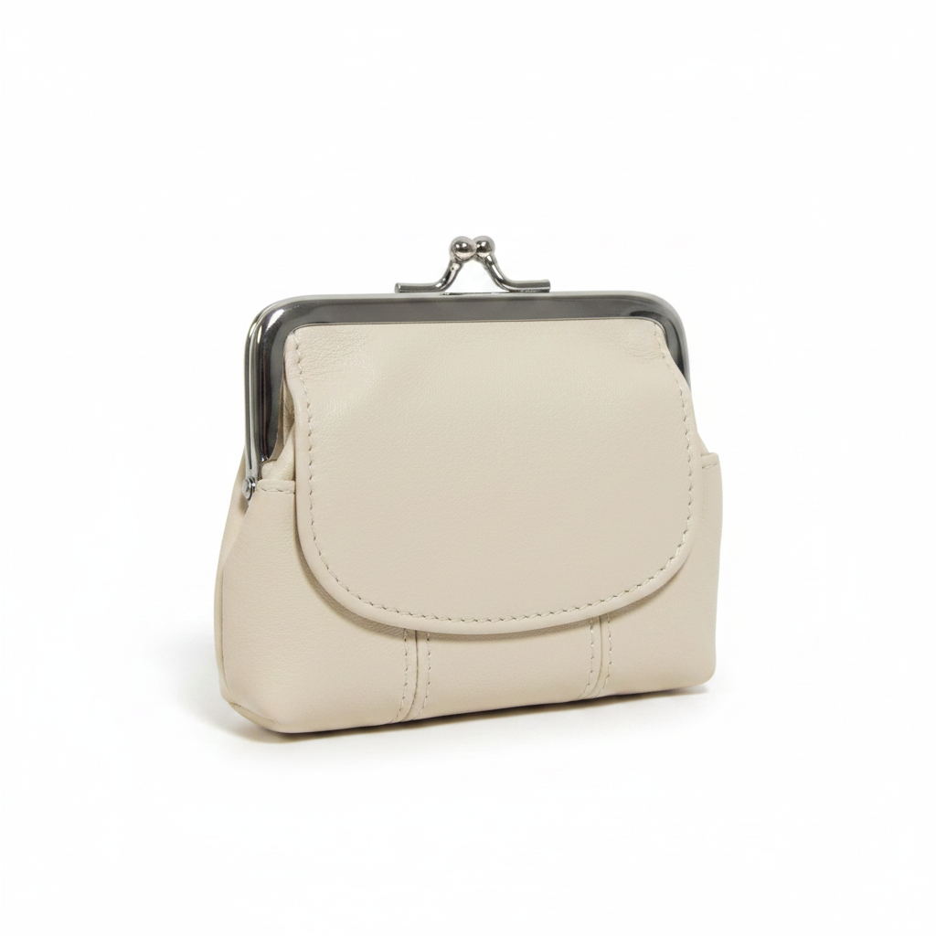 Cream lambskin leather kisslock coin purse with chrome frame on white background