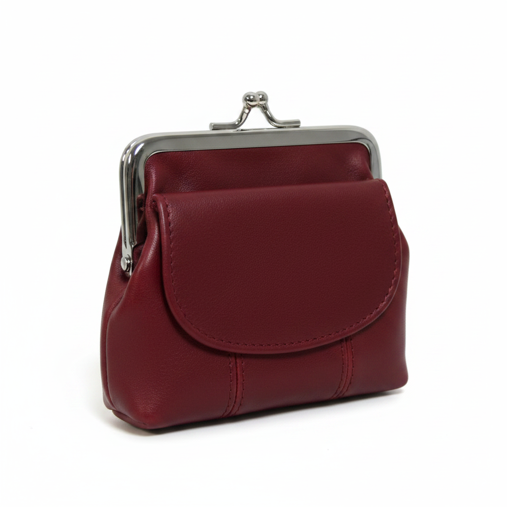 Wine lambskin leather kisslock coin purse with chrome frame on white background