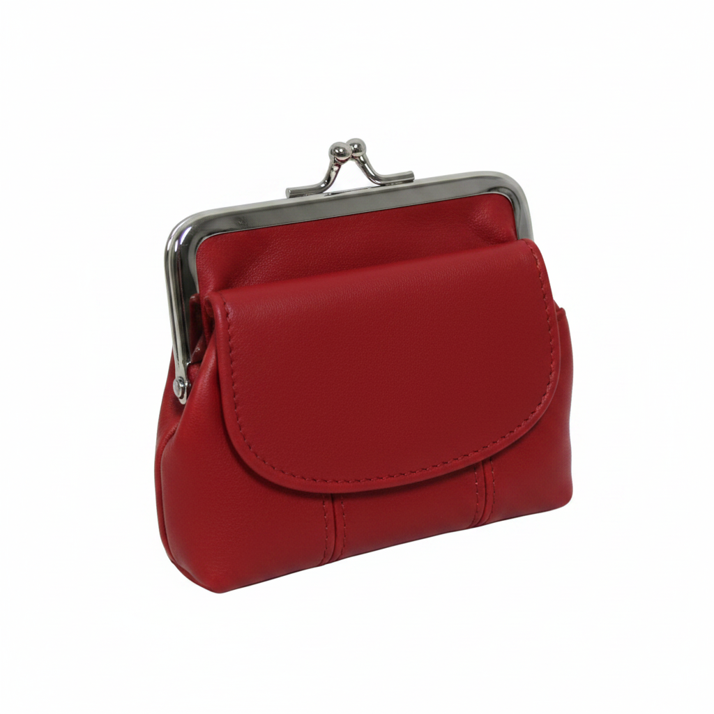 Red lambskin leather kisslock coin purse with chrome frame on white background