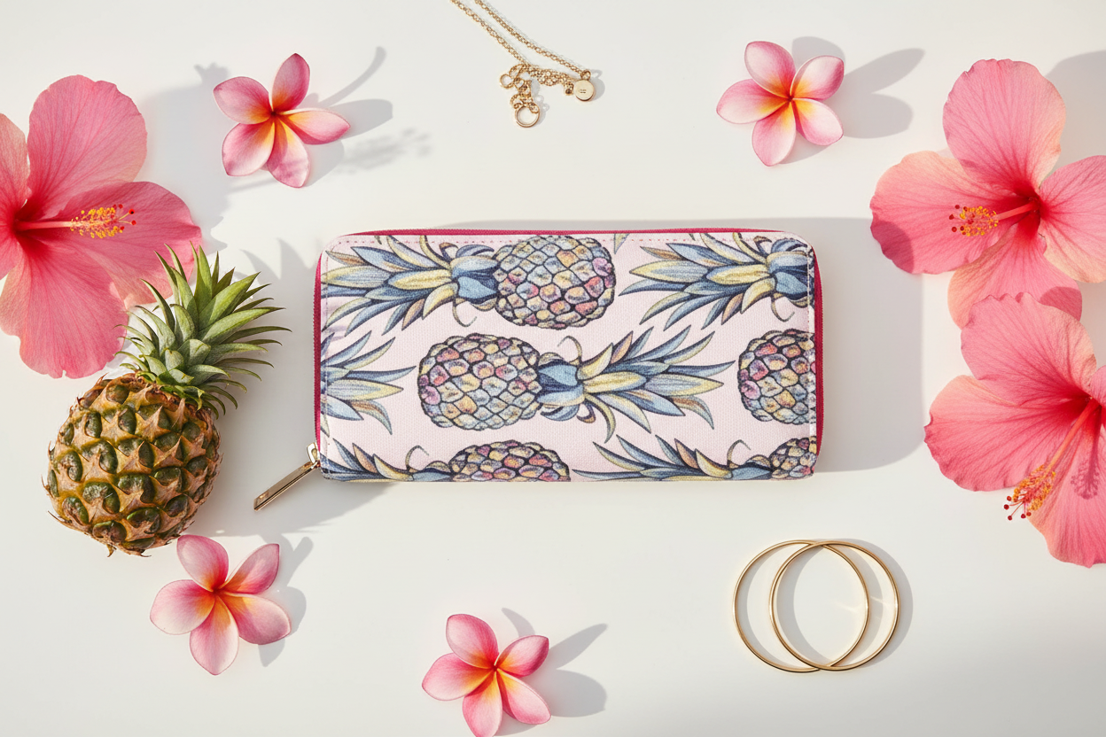 Pink Pineapple Zipper Wallet styled on a white surface with tropical flowers, mini pineapple and gold jewelry