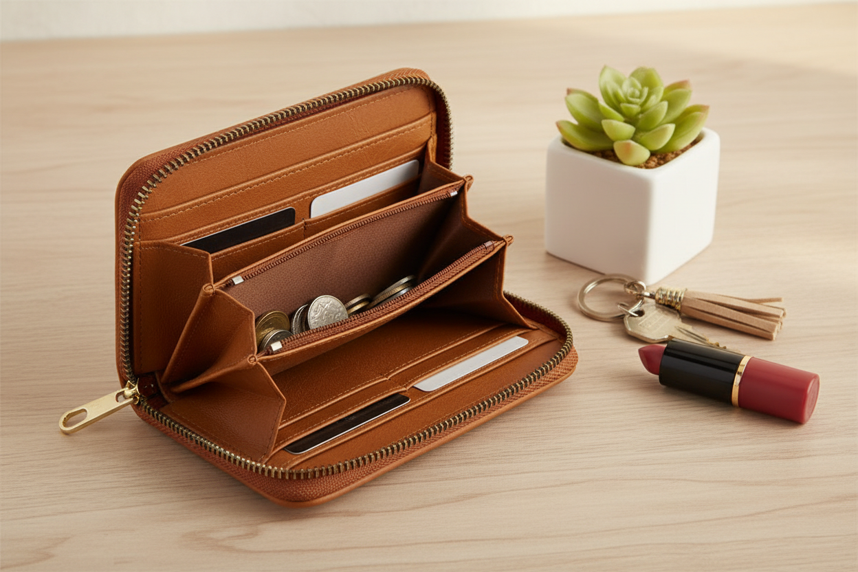Small Fashion Zip Up Wallet open on wooden surface styled with keys, lipstick and succulent