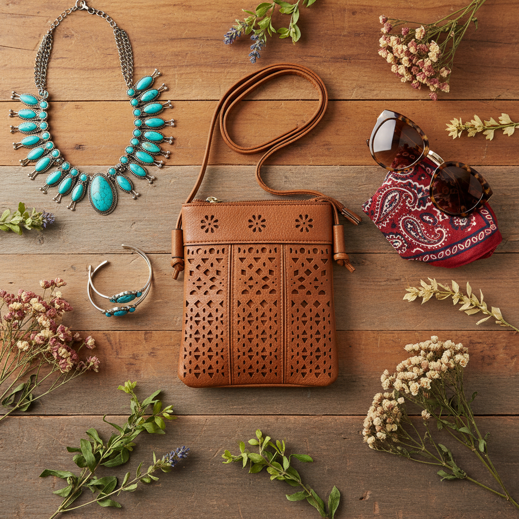 Laser Cut Boho Aztec Crossbody Bag Brown Flat Lay