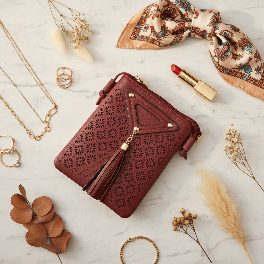 Laser Cut Boho Tassel Crossbody Bag Wine Flat Lay