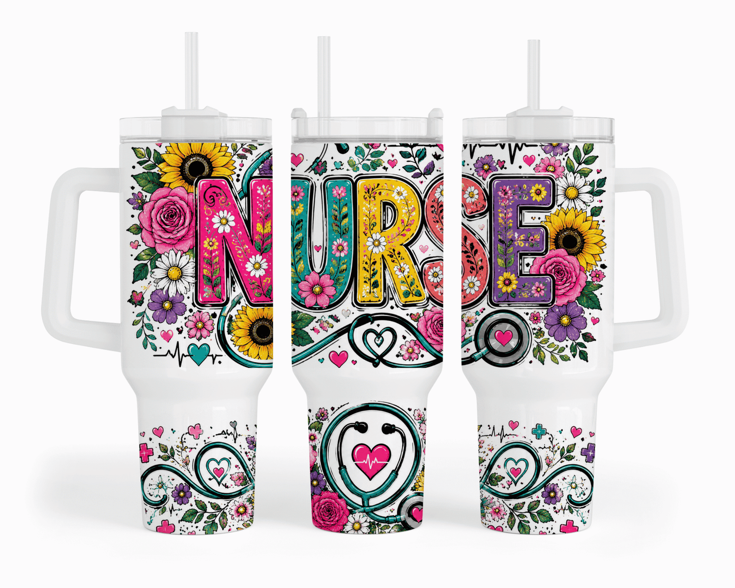 Nurse Floral Embroidery 40 oz Tumbler