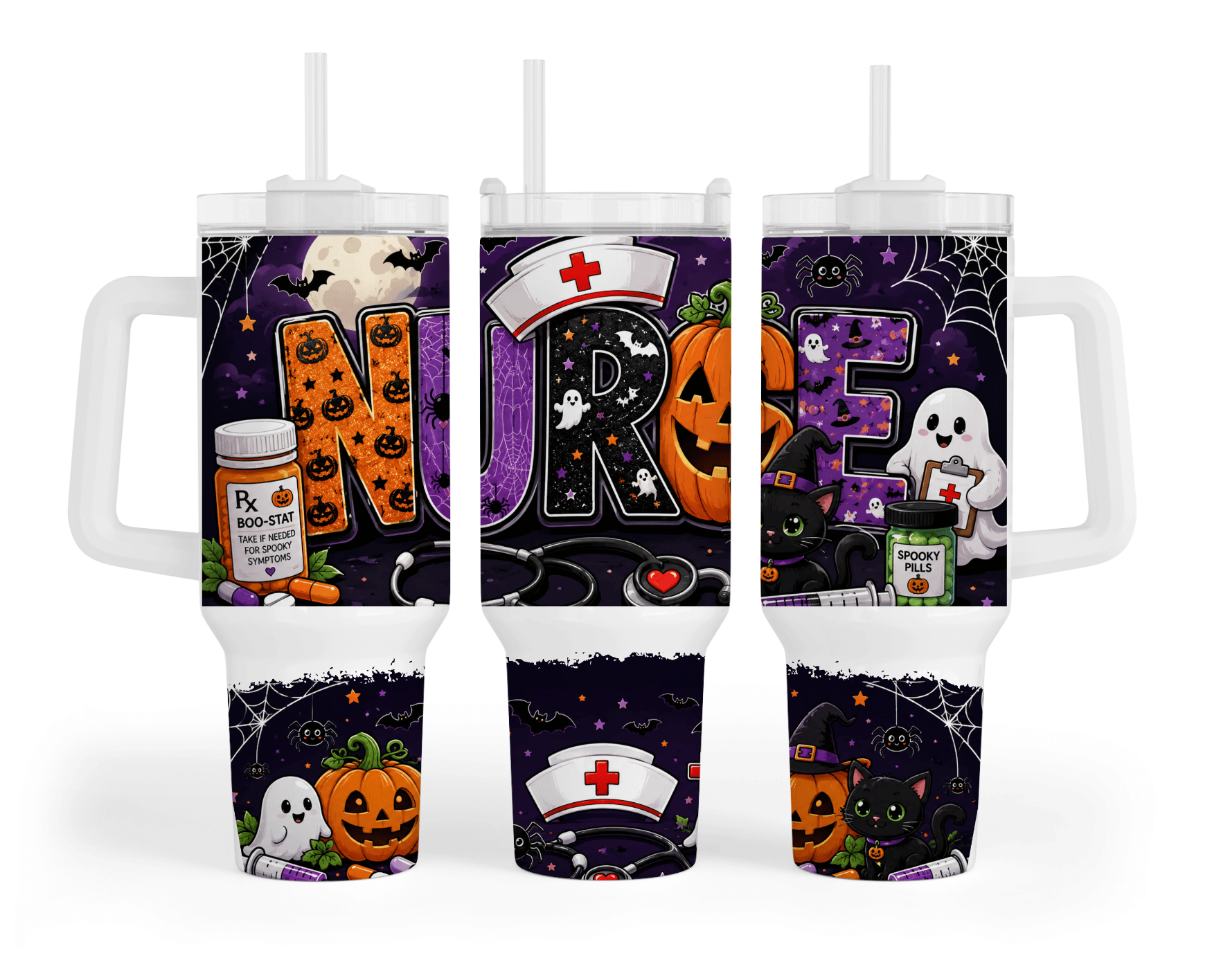 Three views of a tall handled tumbler with a Halloween-themed nurse design, featuring purple, black, orange, and white graphics including pumpkins, ghosts, a nurse hat, and spiderwebs.