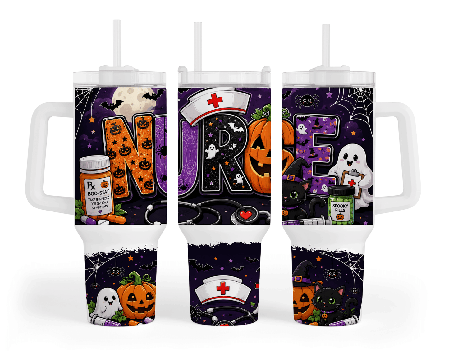 Halloween Nurse Spooky Season 40 oz tumbler with jack-o-lantern and ghost NURSE letters, Boo-Stat pill bottle, ghost nurse clipboard, black cat, bats, and spider webs on purple night sky sublimation print