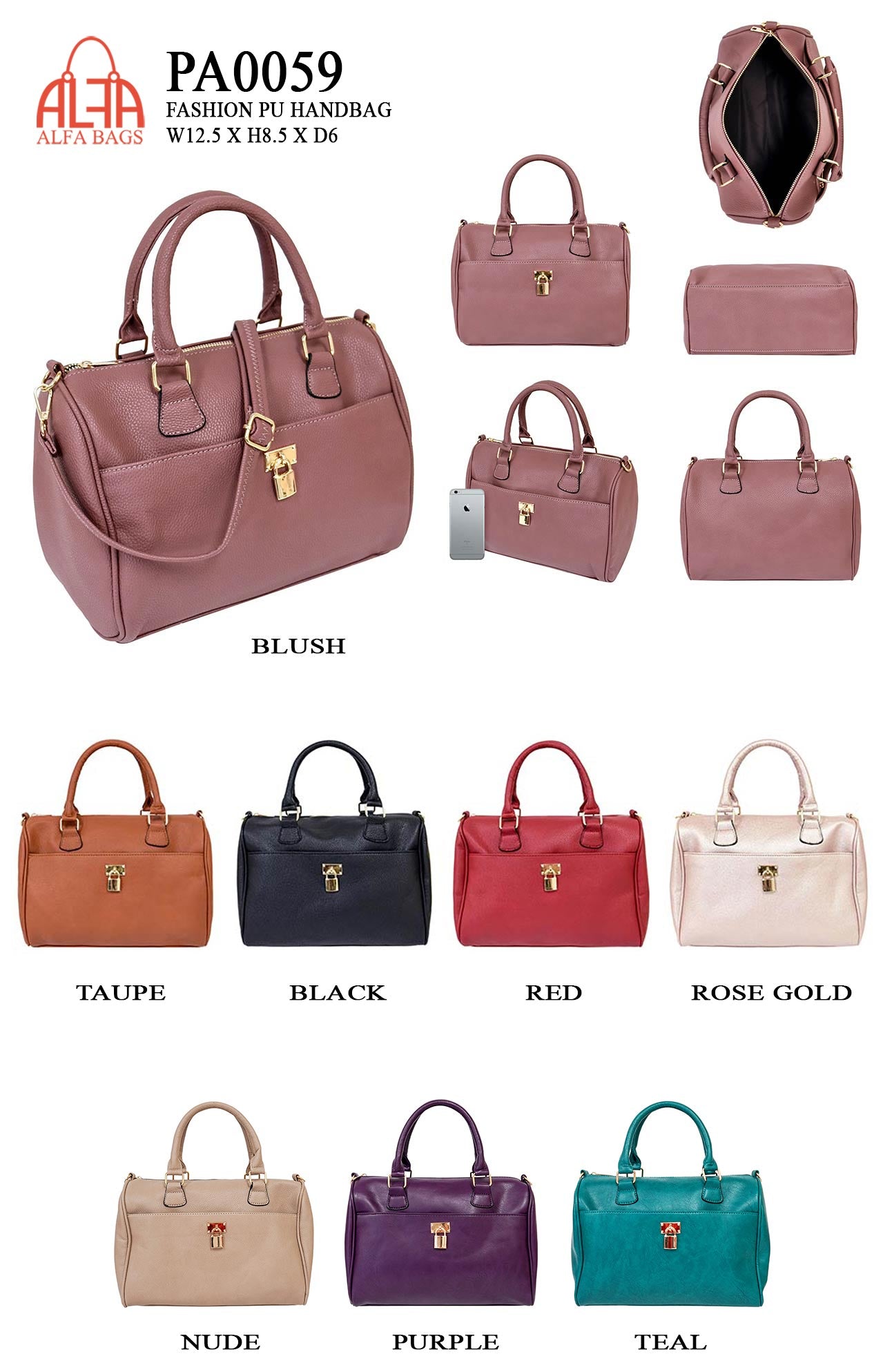 Double Handle Satchel Bag with Gold Lock Hardware