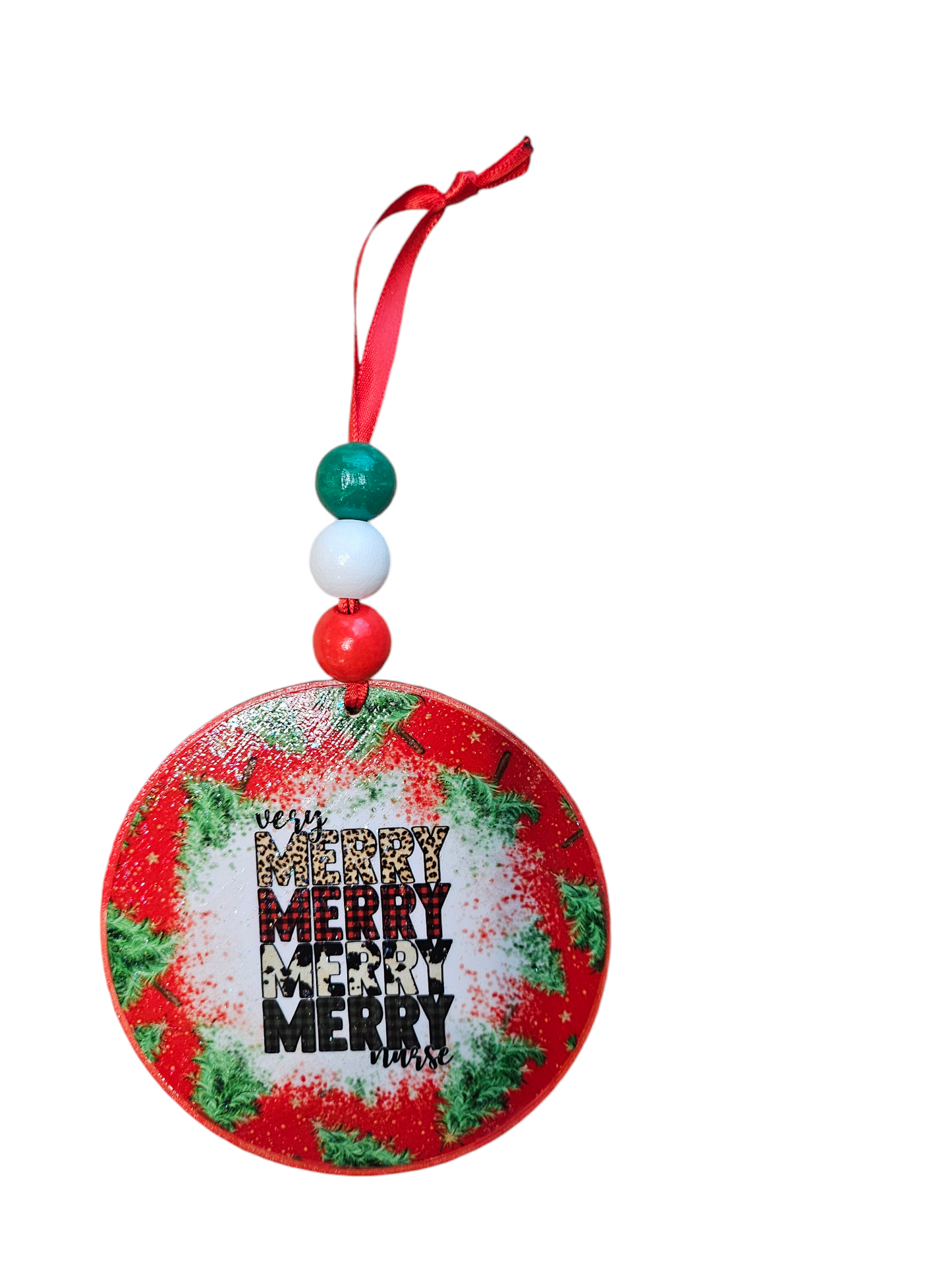 Beaded Very Merry Nurse Wood Ornament