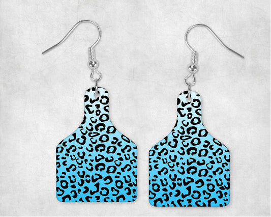 Blue Leopard Cow Tag Earrings