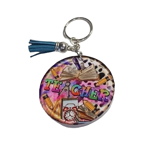 Clock& Pencils Rainbow Teacher Keychain with Tassel