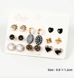 Set of 9 Black & Gold Asst Earrings Set