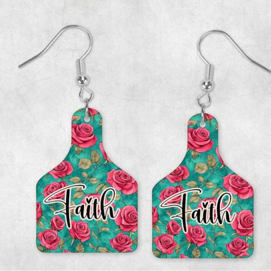 Rose Faith Cow Tag Earrings