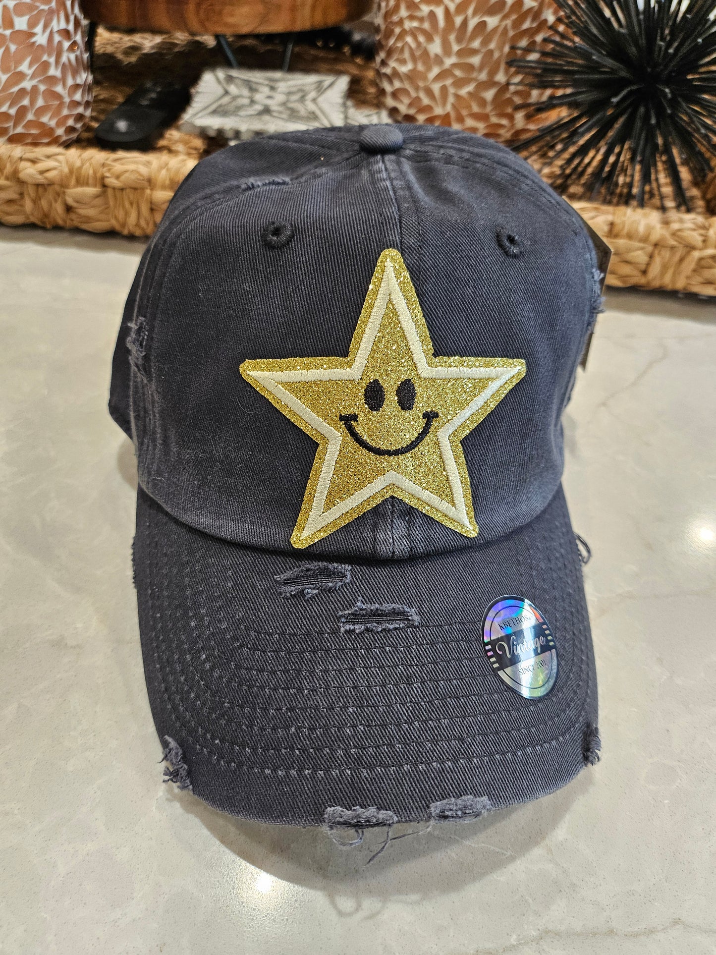 Black Vintage Glitter Gold Star Baseball Cap