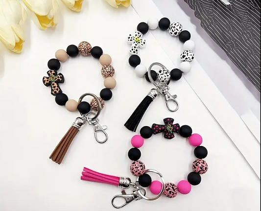 Silicone Cow Print Cross Bead with Asst. Beads Keychain