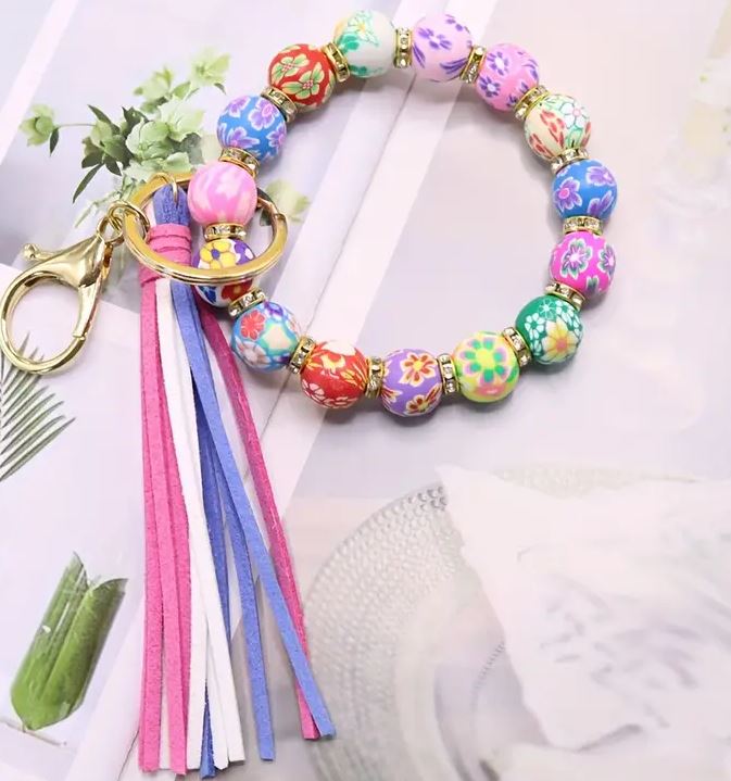 Multi Color Floral Bead with Tassel Keychain