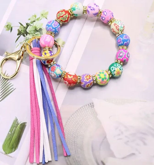 Multi Color Floral Bead with Tassel Keychain