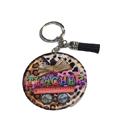 Eyeglasses & Pink Ruler Multi Color Teacher Keychain w/Tassel