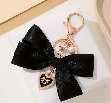 Elegant Bow Ribbon Keychain with Heart Charm and Pearl Accent,