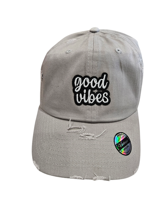 Vintage Gray Embroidered Good Vibes Ball Cap