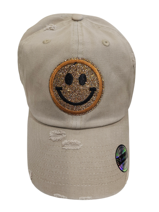Khaki Vintage Glitter Gold Smiley Ball Cap