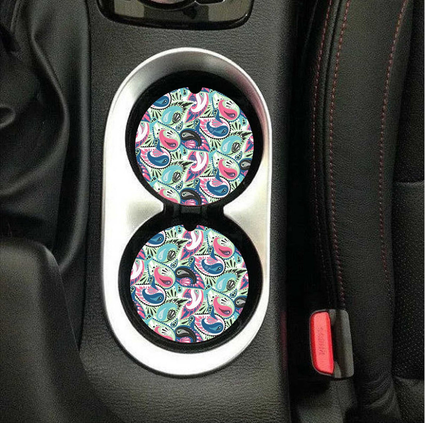 Mint & Pink Paisley Car Coasters