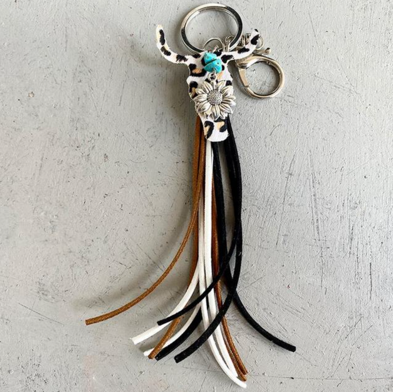 Cow Print Bull Skull with Charm Tassel Keychain