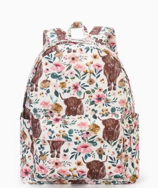 Highland Cow Floral Kids Backpack