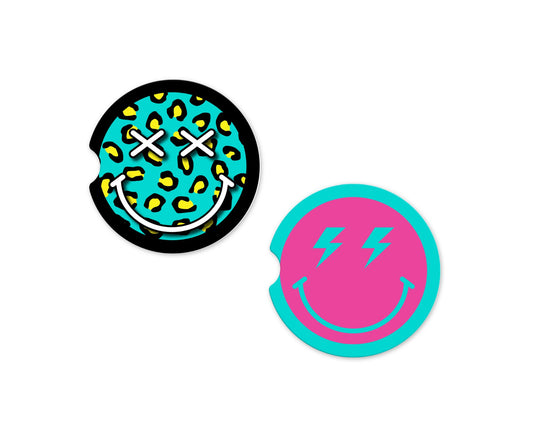 Yellow Leopard Mint Hot Pink Smiley Car Coasters