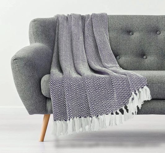 Navy Cotton Hand Woven Chevron Throw Blanket