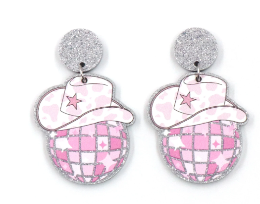 Cowboy hat Disco Ball Glitter Drop Earrings